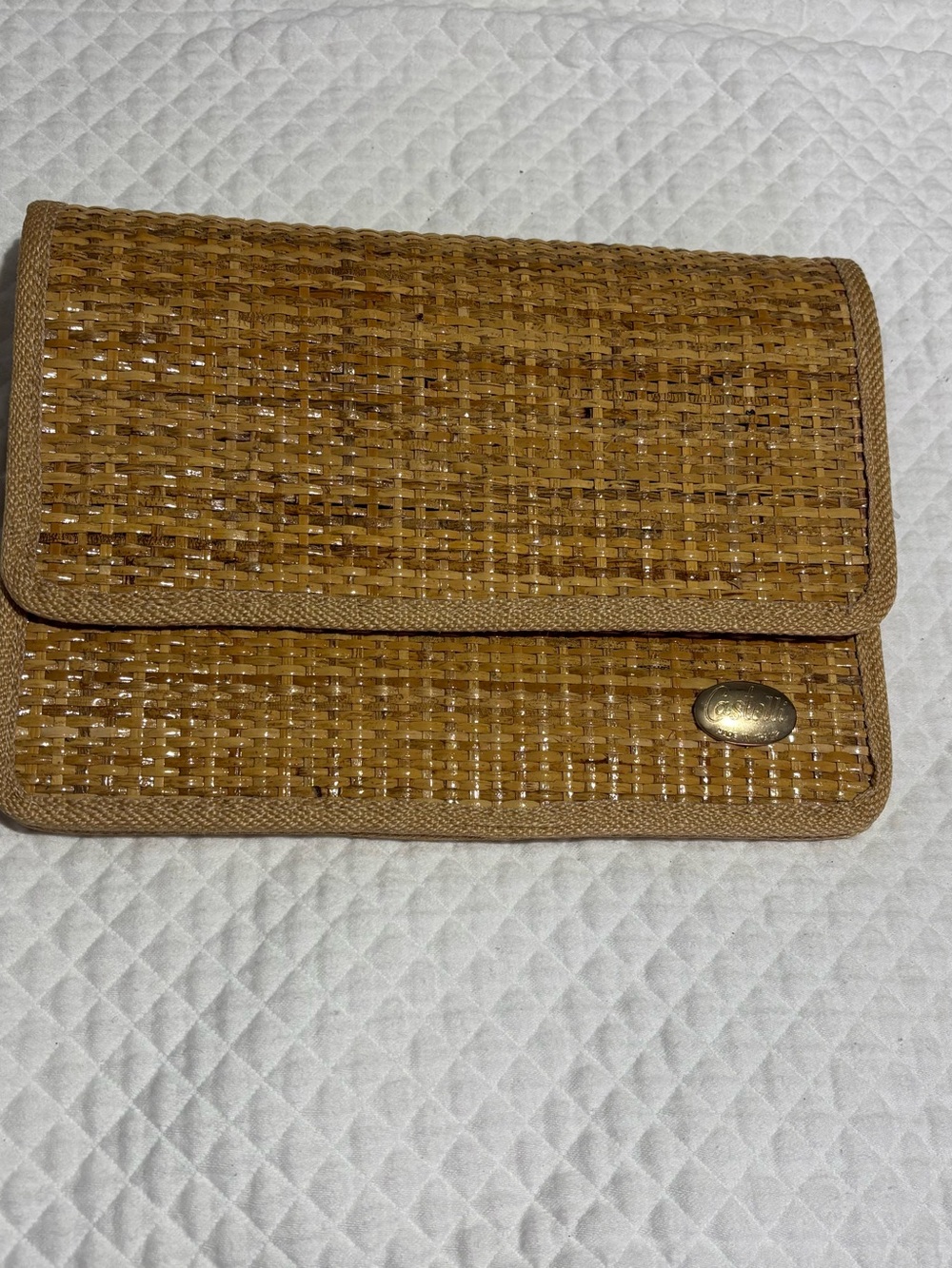 Castelli Vintage Glossy Woven Wicker Clutch in Warm Tan with Oval Metal Accent